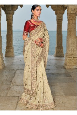 Cream Pure Banarasi Heavy Work Designer Saree