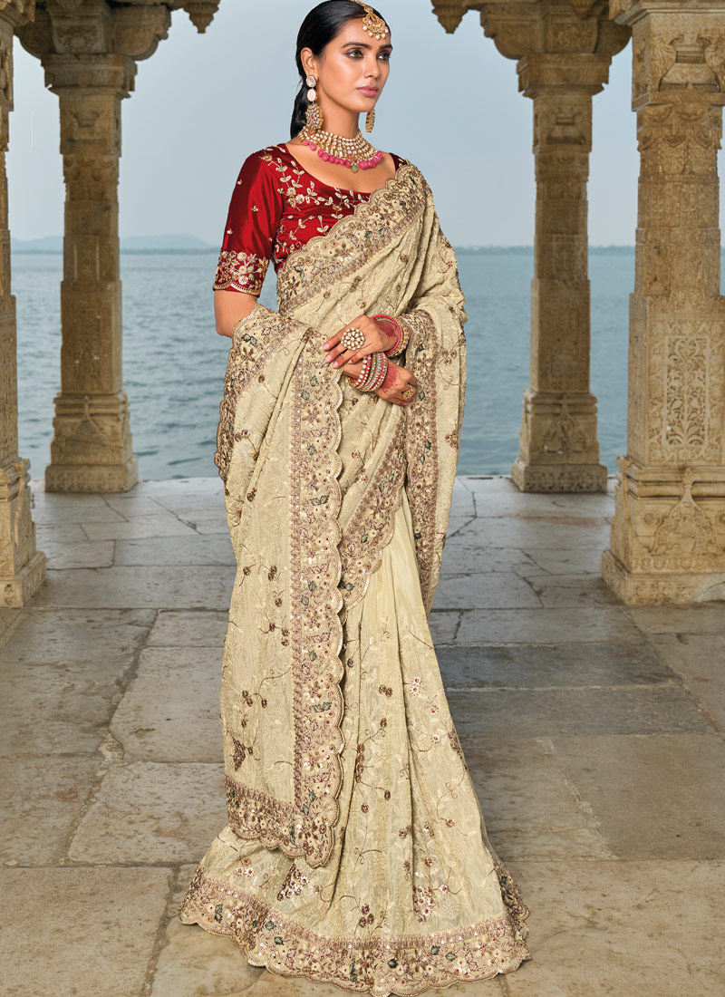 Cream Pure Banarasi Heavy Work Designer Saree