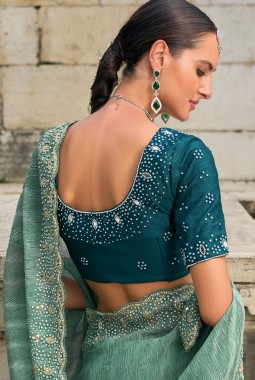 Sea Green Crush Tissue Moti Heavy Work Designer Saree