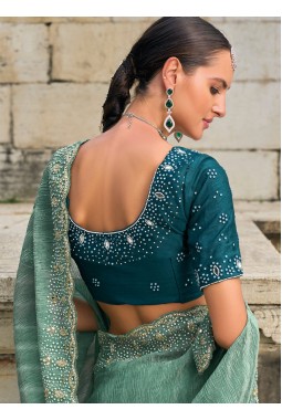 Sea Green Crush Tissue Moti Heavy Work Designer Saree