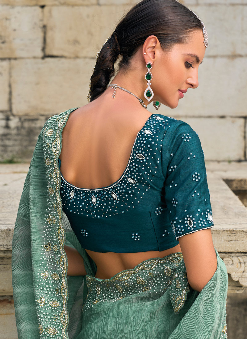 Sea Green Crush Tissue Moti Heavy Work Designer Saree