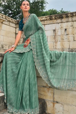 Sea Green Crush Tissue Moti Heavy Work Designer Saree
