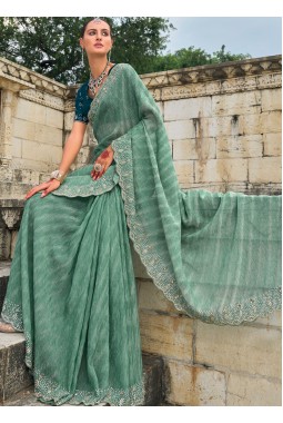Sea Green Crush Tissue Moti Heavy Work Designer Saree