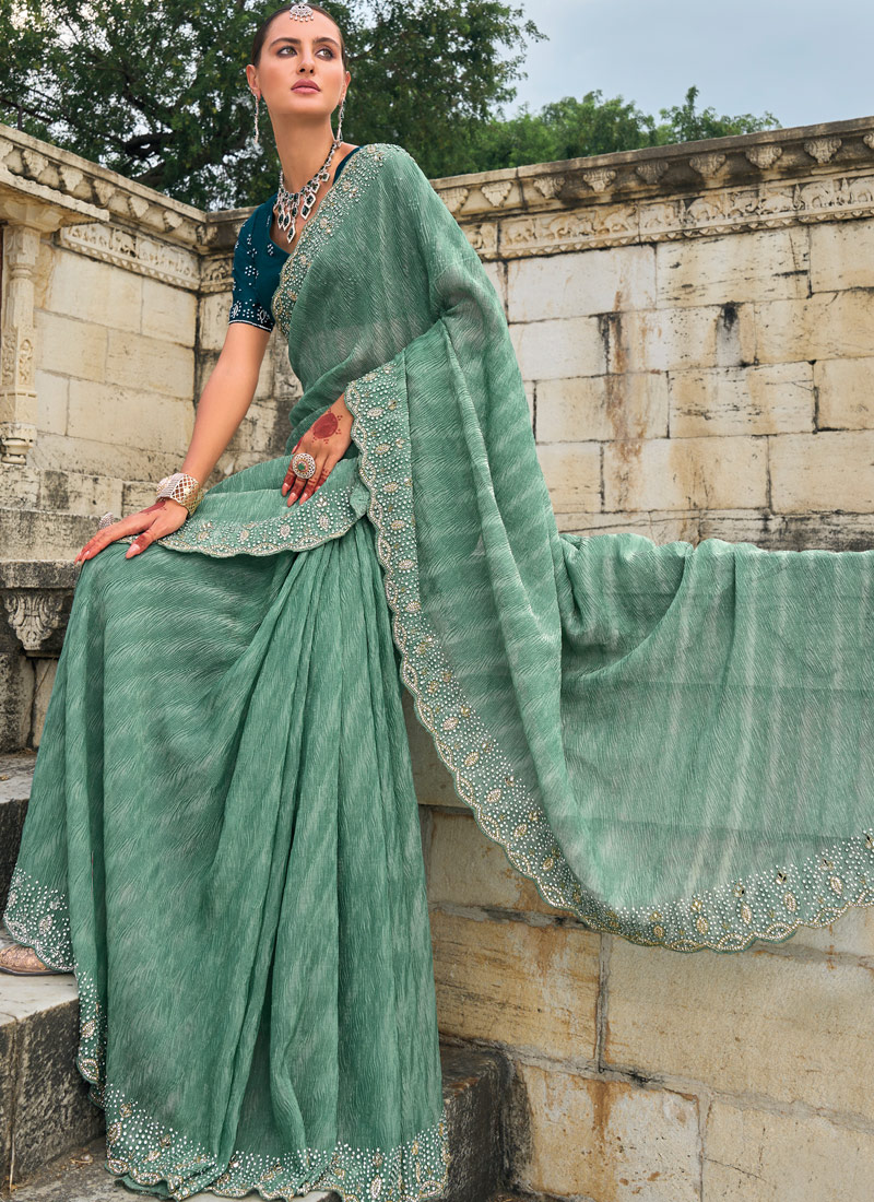Sea Green Crush Tissue Moti Heavy Work Designer Saree