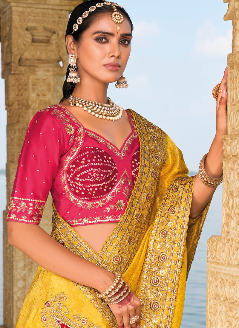 Mustard Crape Jaquard Jardoshi Heavy Work Designer Saree
