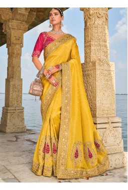 Mustard Crape Jaquard Jardoshi Heavy Work Designer Saree
