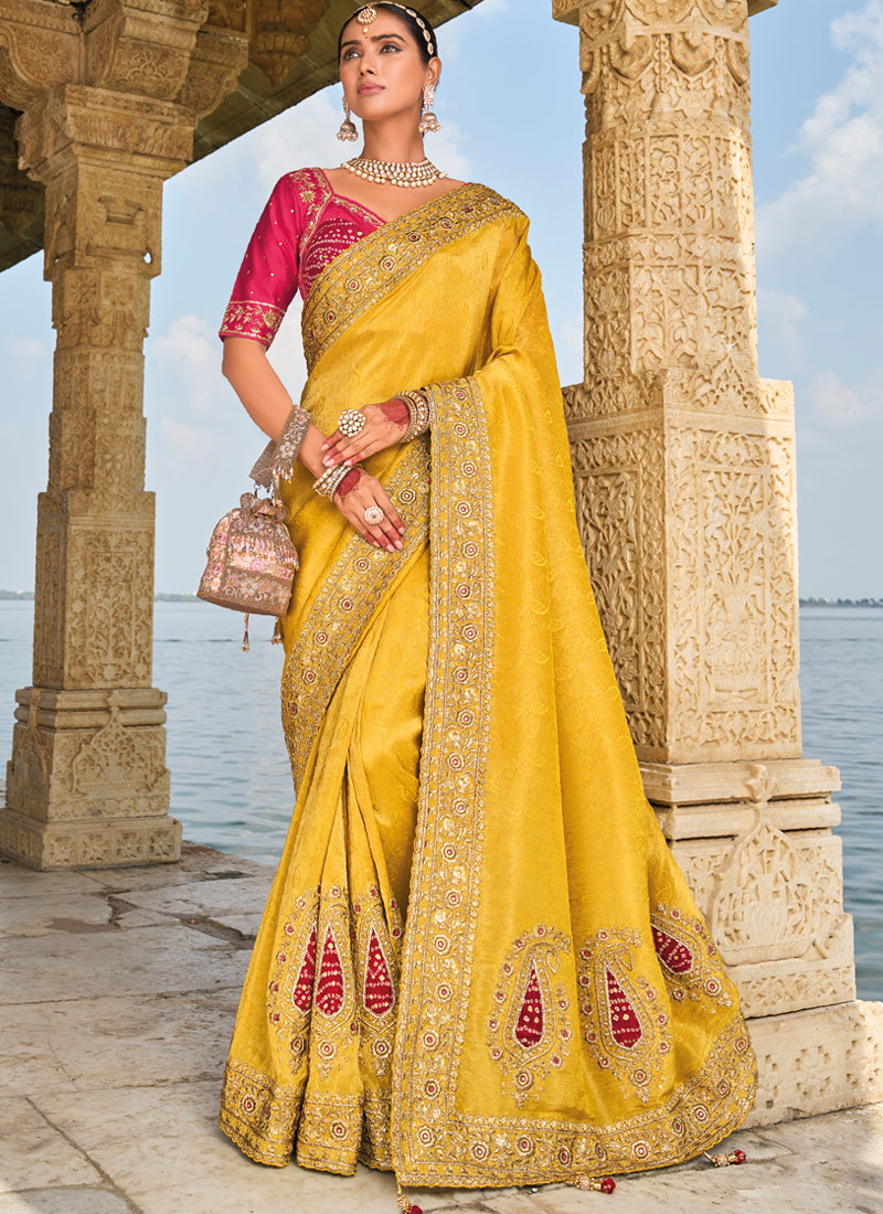 Mustard Crape Jaquard Jardoshi Heavy Work Designer Saree