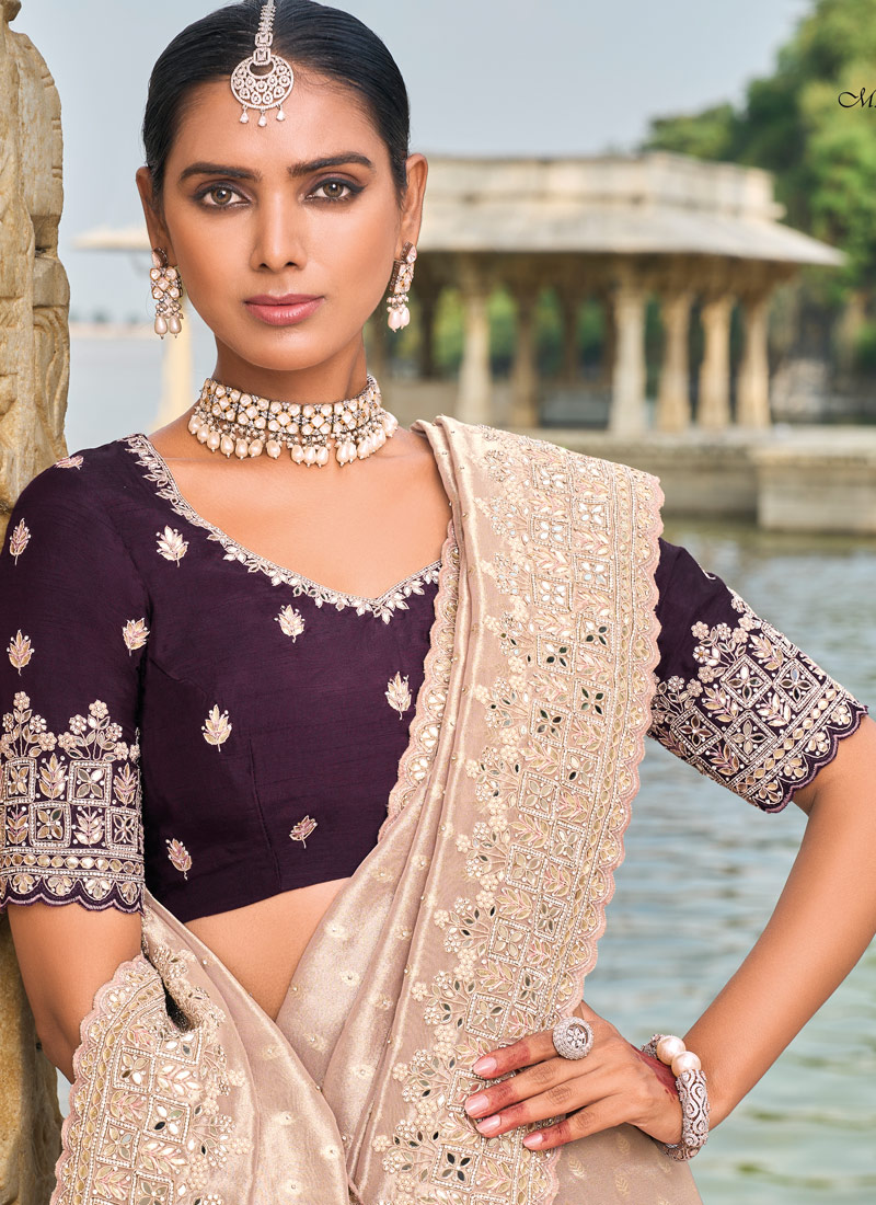 Light Peach Pure Kanjivaram Mirror Heavy Work Designer Saree