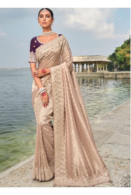 Light Peach Pure Kanjivaram Mirror Heavy Work Designer Saree