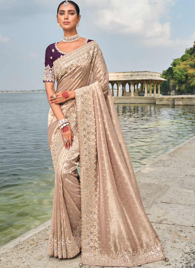 Light Peach Pure Kanjivaram Mirror Heavy Work Designer Saree