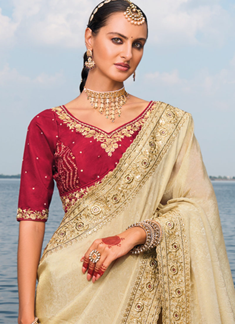 Cream Crape Jaquard Jardoshi Heavy Work Designer Saree