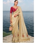 Cream Crape Jaquard Jardoshi Heavy Work Designer Saree