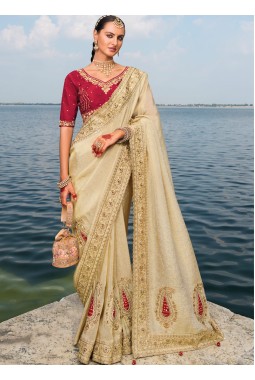Cream Crape Jaquard Jardoshi Heavy Work Designer Saree