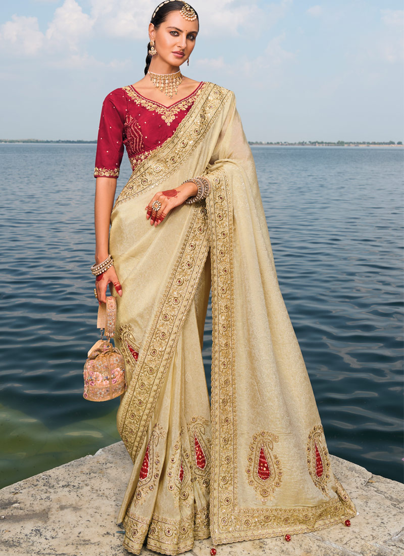 Cream Crape Jaquard Jardoshi Heavy Work Designer Saree
