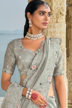 Grey Banarasi Zari Jardoshi Heavy Work Designer Saree