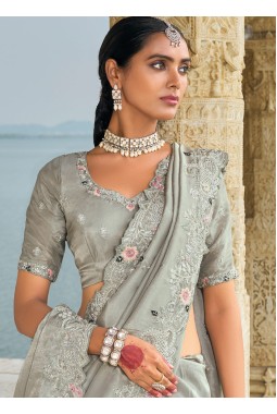 Grey Banarasi Zari Jardoshi Heavy Work Designer Saree