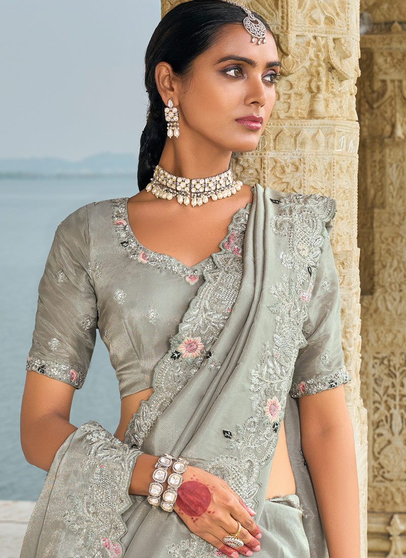 Grey Banarasi Zari Jardoshi Heavy Work Designer Saree