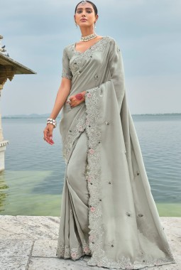 Grey Banarasi Zari Jardoshi Heavy Work Designer Saree