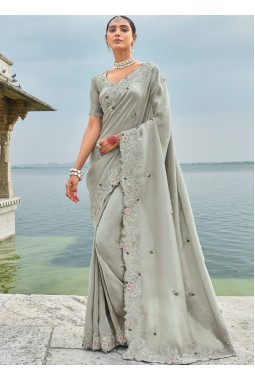 Grey Banarasi Zari Jardoshi Heavy Work Designer Saree