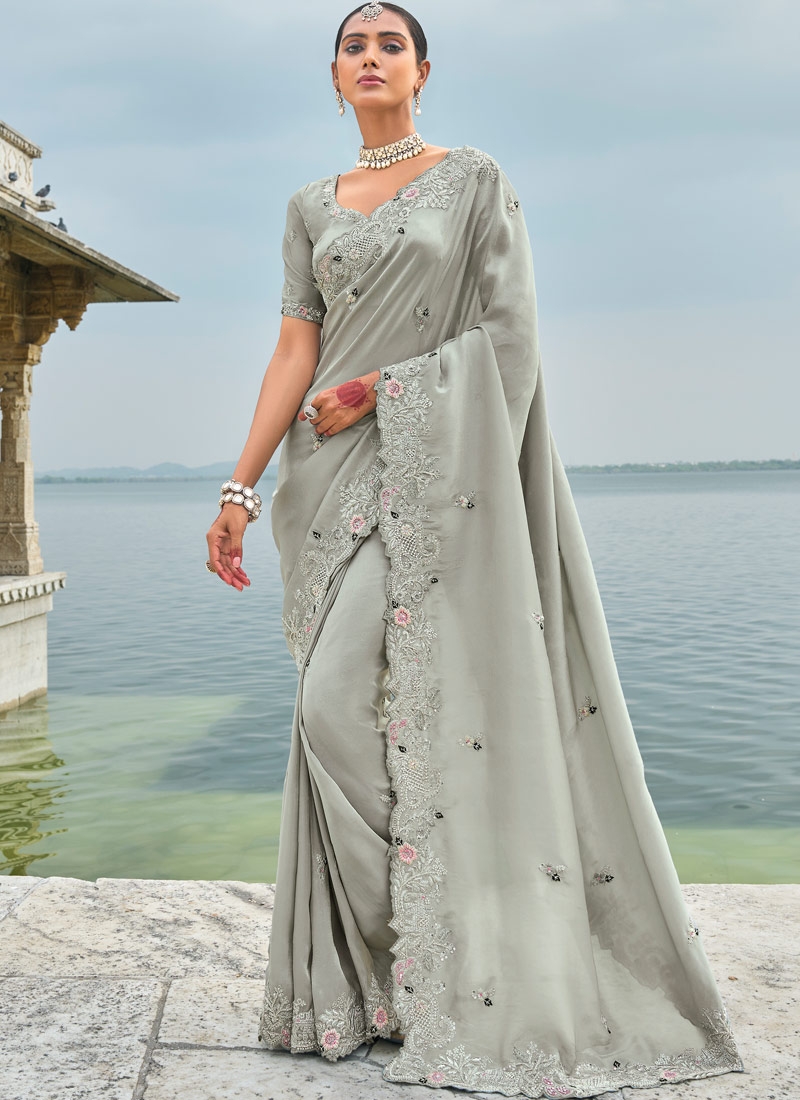 Grey Banarasi Zari Jardoshi Heavy Work Designer Saree