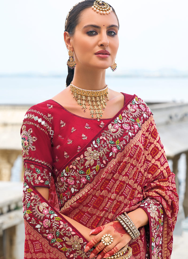 Maroon Bandhej Pallu Moti Heavy Work Designer Saree