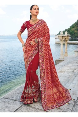 Maroon Bandhej Pallu Moti Heavy Work Designer Saree