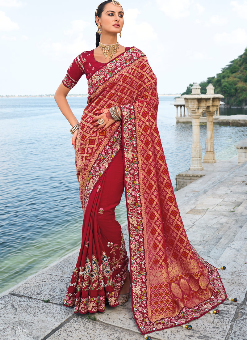 Maroon Bandhej Pallu Moti Heavy Work Designer Saree