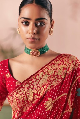 Red Khaddi Georgette Bandhej Weaving Work Wedding Saree