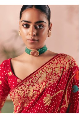 Red Khaddi Georgette Bandhej Weaving Work Wedding Saree