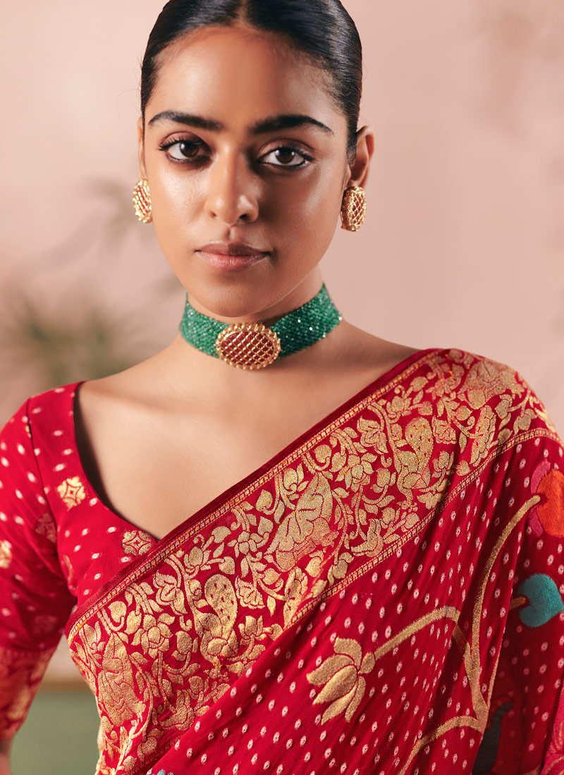 Red Khaddi Georgette Bandhej Weaving Work Wedding Saree