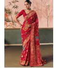 Red Khaddi Georgette Bandhej Weaving Work Wedding Saree