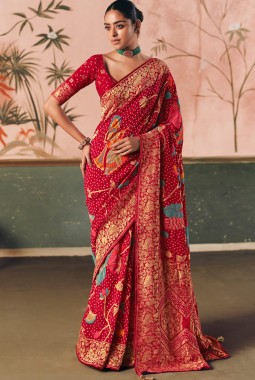 Red Khaddi Georgette Bandhej Weaving Work Wedding Saree