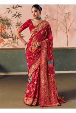 Red Khaddi Georgette Bandhej Weaving Work Wedding Saree
