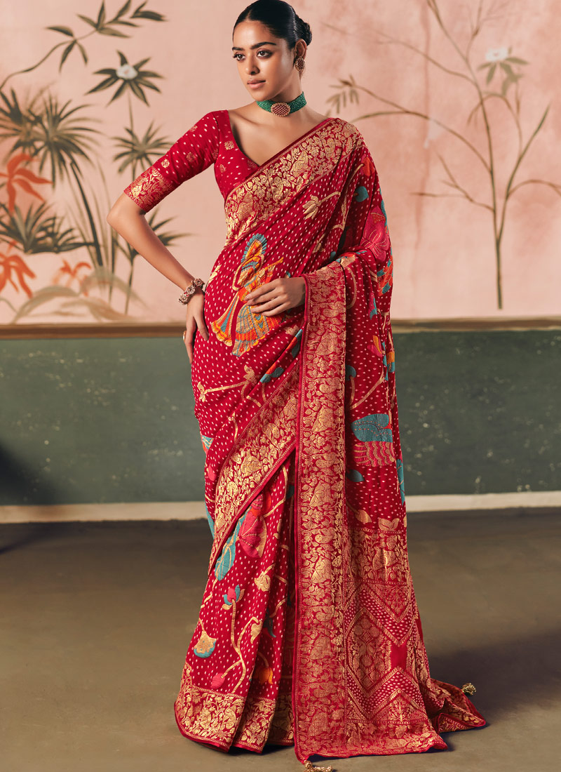 Red Khaddi Georgette Bandhej Weaving Work Wedding Saree