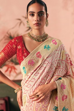 Beige Khaddi Georgette Bandhej Weaving Work Wedding Saree