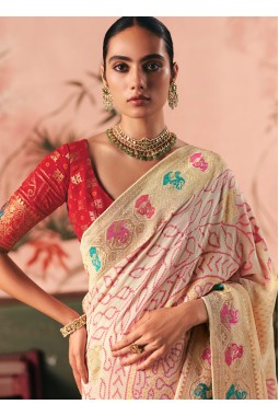 Beige Khaddi Georgette Bandhej Weaving Work Wedding Saree