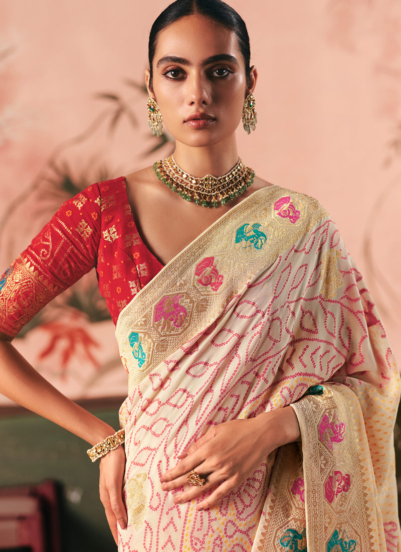 Beige Khaddi Georgette Bandhej Weaving Work Wedding Saree