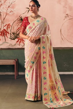 Beige Khaddi Georgette Bandhej Weaving Work Wedding Saree