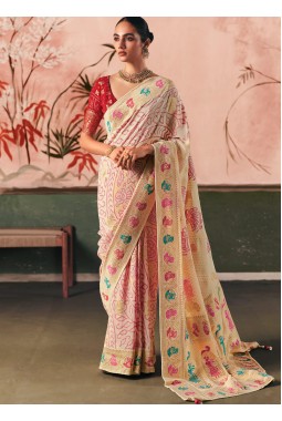 Beige Khaddi Georgette Bandhej Weaving Work Wedding Saree