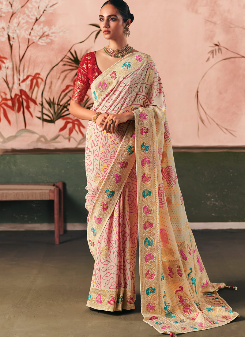 Beige Khaddi Georgette Bandhej Weaving Work Wedding Saree