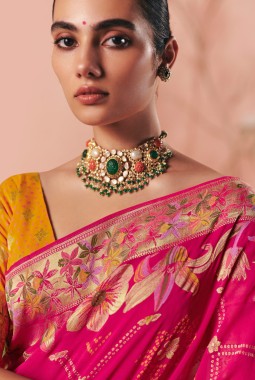 Red Khaddi Georgette Bandhej Weaving Work Wedding Saree