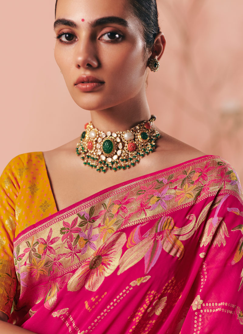 Red Khaddi Georgette Bandhej Weaving Work Wedding Saree