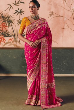 Red Khaddi Georgette Bandhej Weaving Work Wedding Saree