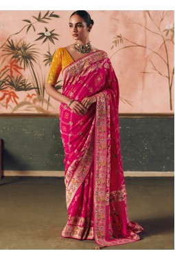 Red Khaddi Georgette Bandhej Weaving Work Wedding Saree