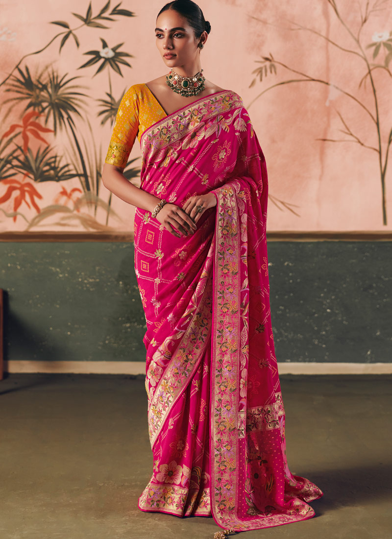 Red Khaddi Georgette Bandhej Weaving Work Wedding Saree