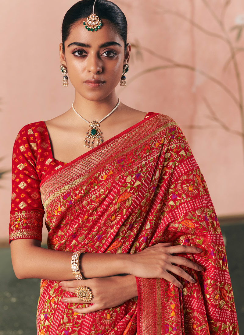 Orange Khaddi Georgette Bandhej Weaving Work Wedding Saree