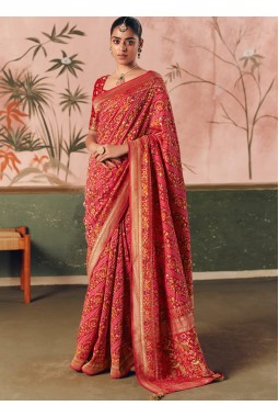 Orange Khaddi Georgette Bandhej Weaving Work Wedding Saree
