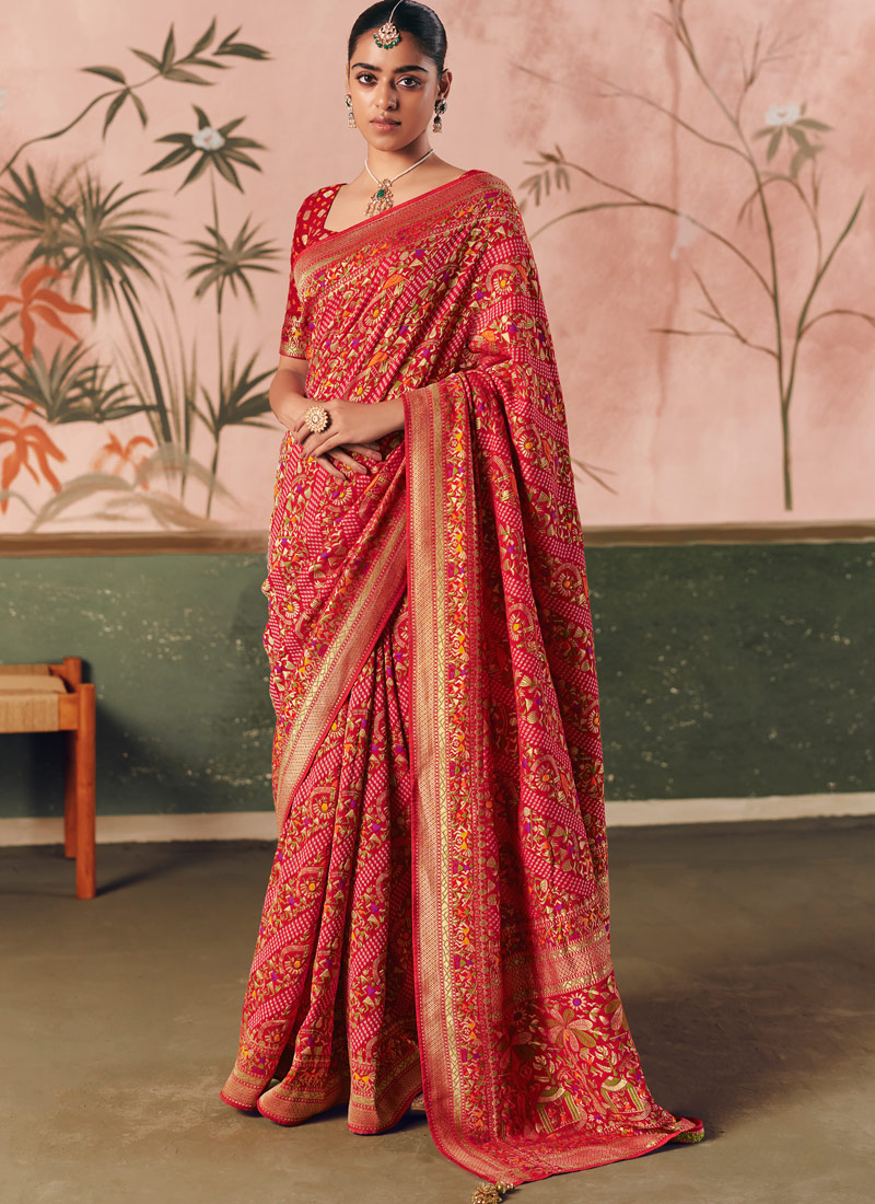 Orange Khaddi Georgette Bandhej Weaving Work Wedding Saree