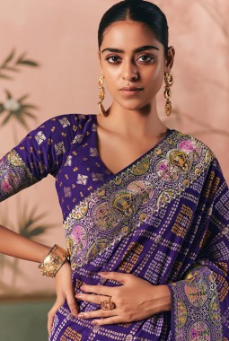 Purple Khaddi Georgette Bandhej Weaving Work Wedding Saree