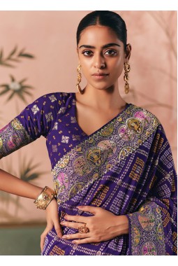 Purple Khaddi Georgette Bandhej Weaving Work Wedding Saree